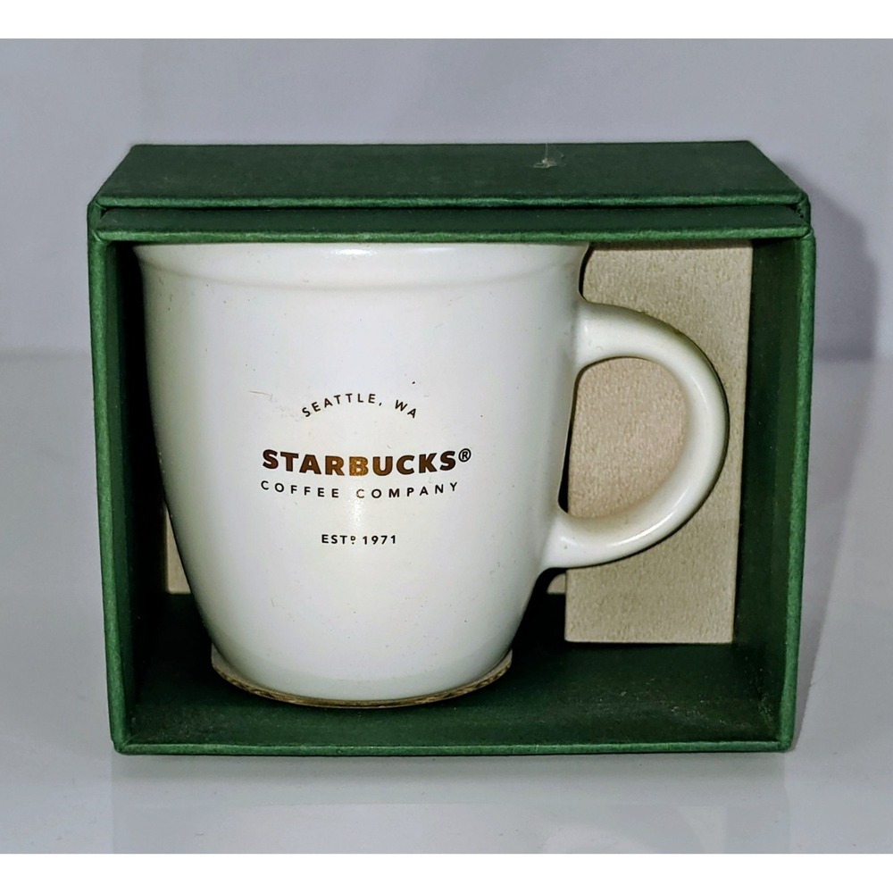 Starbucks 2016 Abbey White Espresso Demitasse Mug Bronze Logo 3 oz NIB